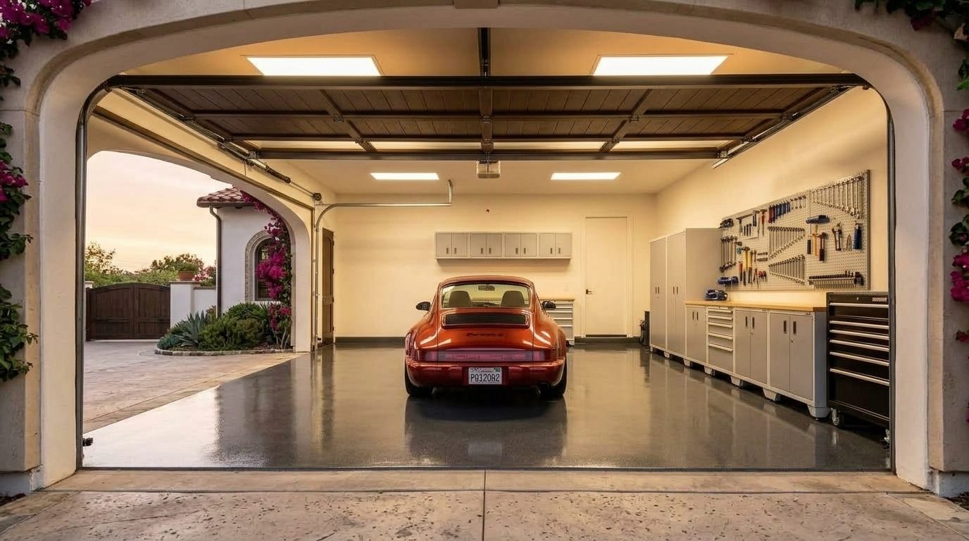 Raza Local Garage Door Interior View of Custom Garage Door Overhead and Workshop
